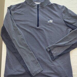 IBKUL Mini Check Navy Long Sleeve Mock Neck Top size Large UPF50 Quarter-Zip